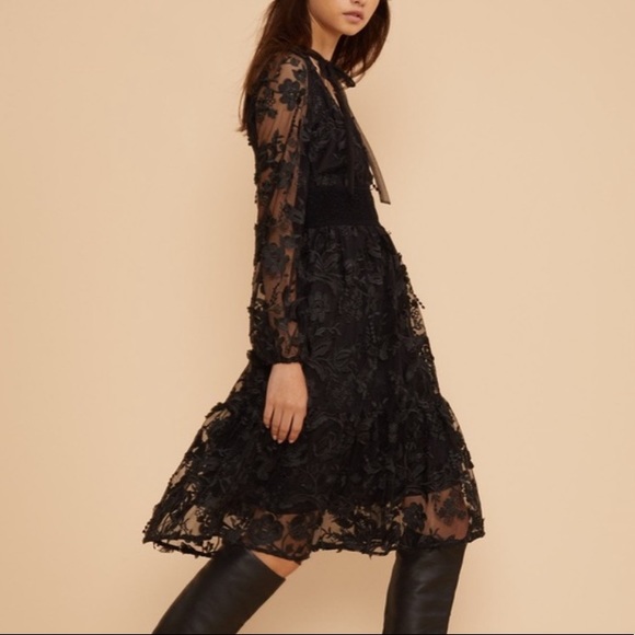 NEW Cynthia Rowley Harlow Tie Front Vneck Black Lace Midi Long Sleeve Woman’s 4 - Picture 6 of 13